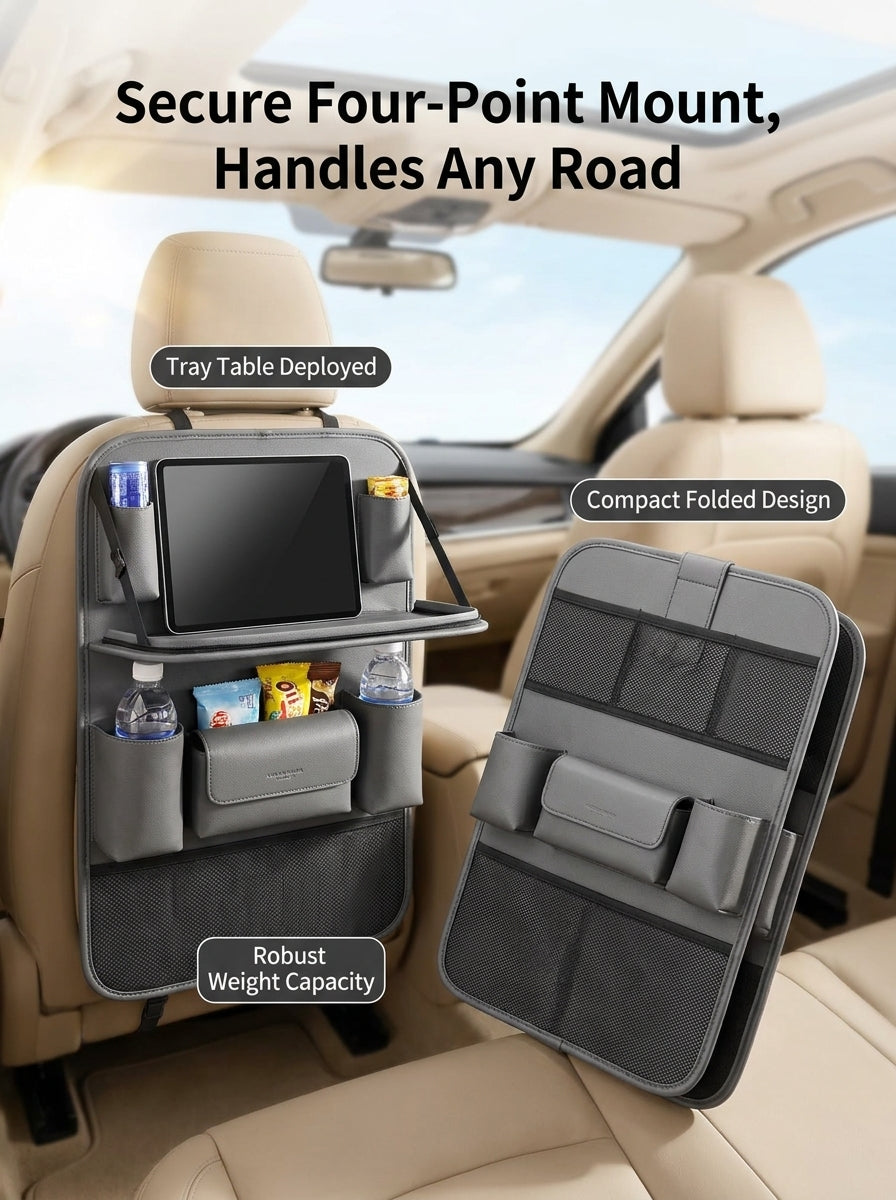 Car Back Seat Organizer with Foldable Tray Table – Tablet Holder & Storage Pockets