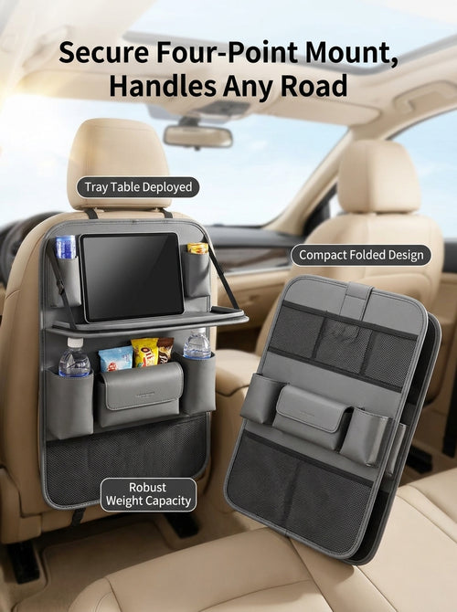Car Back Seat Organizer with Foldable Tray Table – Tablet Holder & Storage Pockets