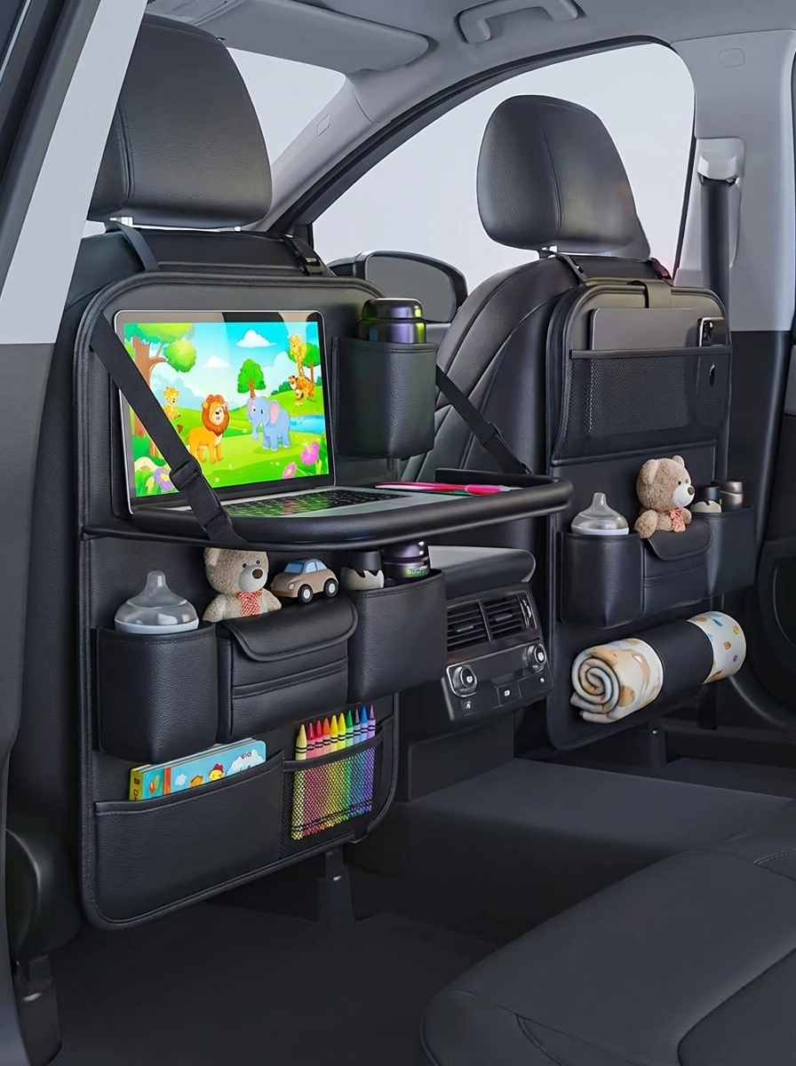 Car Back Seat Organizer with Foldable Tray Table – Tablet Holder & Storage Pockets