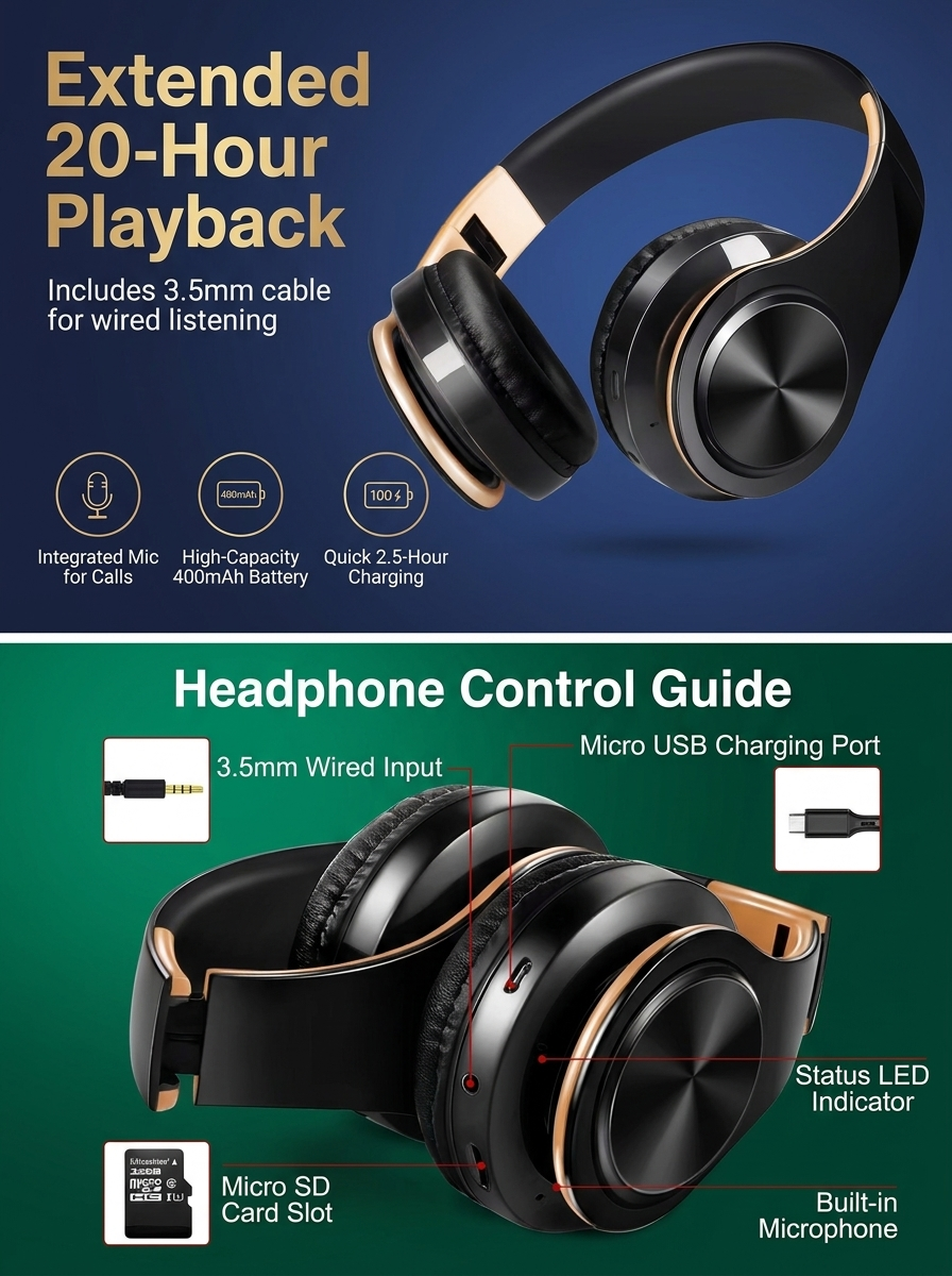 Wireless Over-Ear Headphones – 20Hr Playtime, Built-In Mic, Bluetooth
